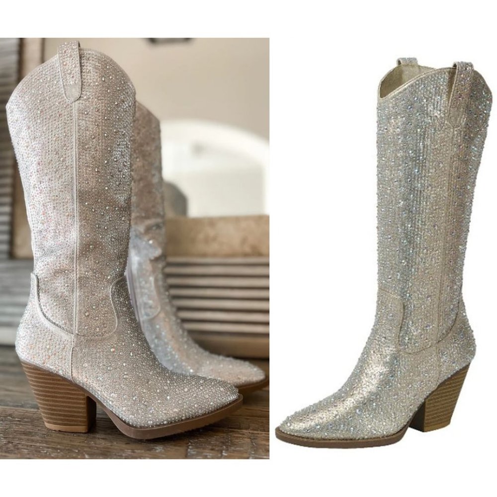 New Champagne Gold Blingy Rhinestone Knee High Cowboy Boots